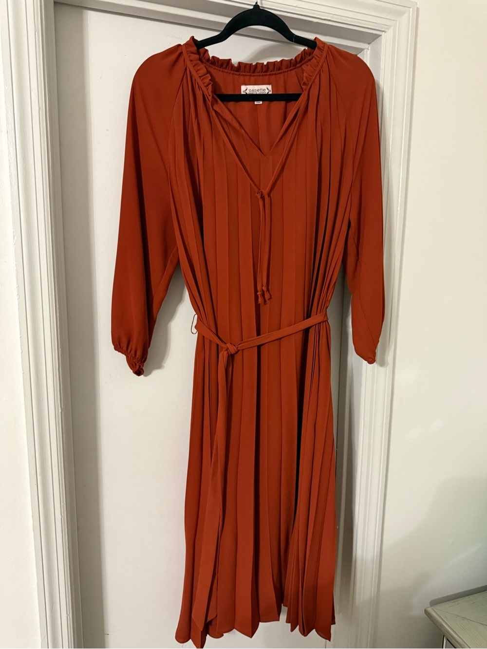Rust Pleated Chiffon Midi Dress